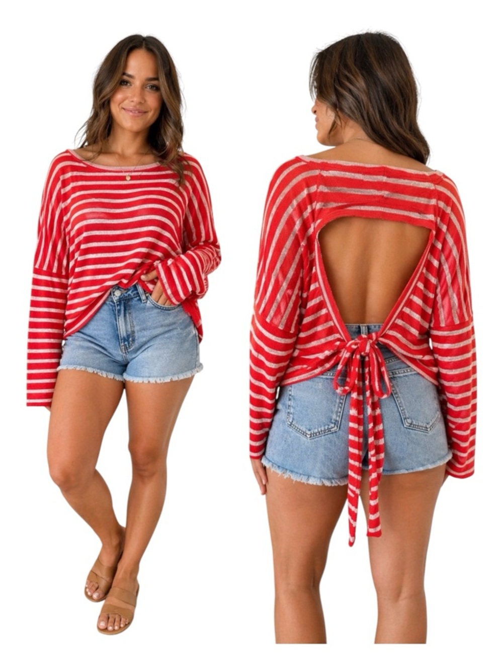 Free People Beach Open Back Tie Sweater Red White Striped Oversized Size Large